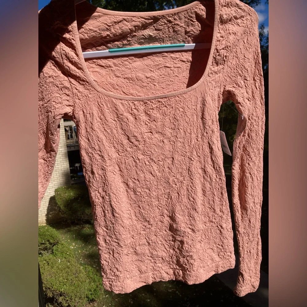 Free People Smoke Rose Have It All Pink Floral Crinkle Long Sleeve Textured Top